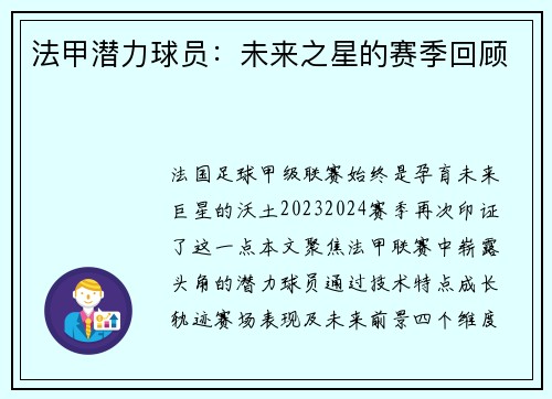 法甲潜力球员：未来之星的赛季回顾